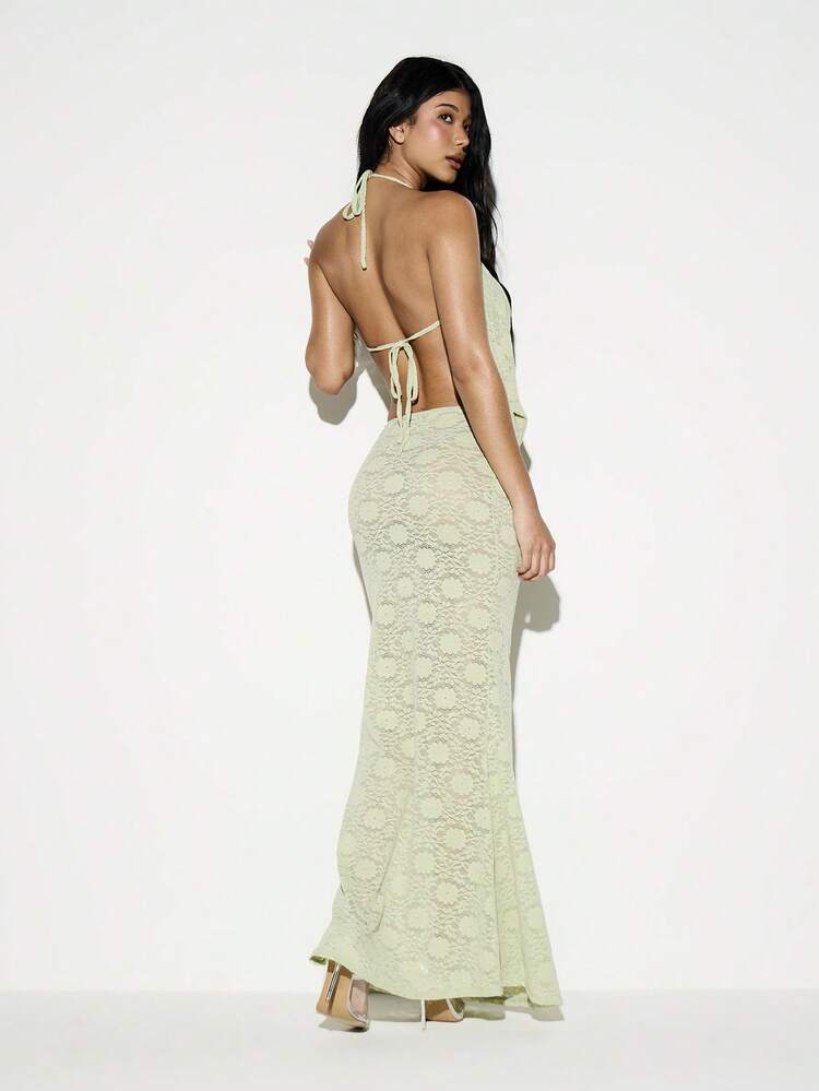 KIZN Sage Green Lace Halter Neck Cowl Front Backless Tie Detail Floor Length Bodycon Maxi Dress Summer Wedding Guest Evening Party