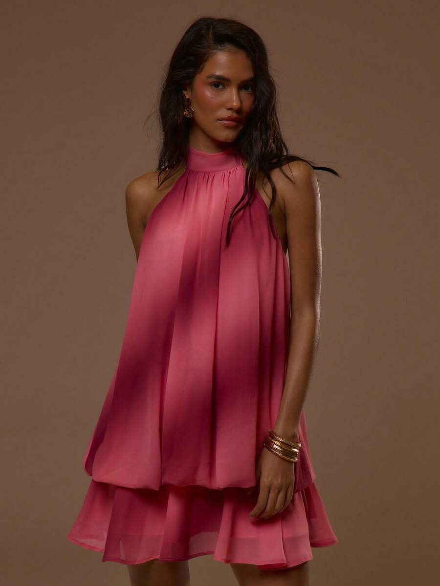 MUSERA Đầm ngắn cổ cao, vạt phồng, dáng suông, họa tiết ombre kẻ sọc, thích hợp cho mùa hè, xuân, gợi cảm, dễ thương, đi nghỉ mát, du lịch, dự tiệc, phong cách Ibiza, thanh lịch, hoàng hôn, thắt nơ. - Nhiều màu - Xem 1