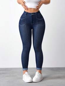SHEIN FlexDen Women's High Waist Skinny Casual Versatile Jeans - Blue - View 4