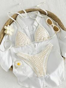 Bộ đồ bơi nữ Swim Vcay Elegant 2026 chấm bi nhiều màu, họa tiết da báo phối màu tươi mới, bikini tam giác buộc dây cổ siêu mềm mại, co giãn, mềm mại, áo bikini buộc dây cổ có thể điều chỉnh với đệm mút tháo rời, quần bikini cạp cao kiểu Y2K với họa tiết sọc phối màu. - Màu vàng - Xem 3