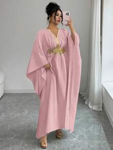SHEIN Elenzya 金色滚边装饰，优雅收腰，舒适精致的中长连衣裙，女士款 - 粉色 - 查看 5