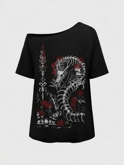 ROMWE Grunge Punk Punk Dark Thorn Lotus Sexy Asymmetrical Shoulder Basic Black Tee, Vintage Street Style, Plus Size, Summer