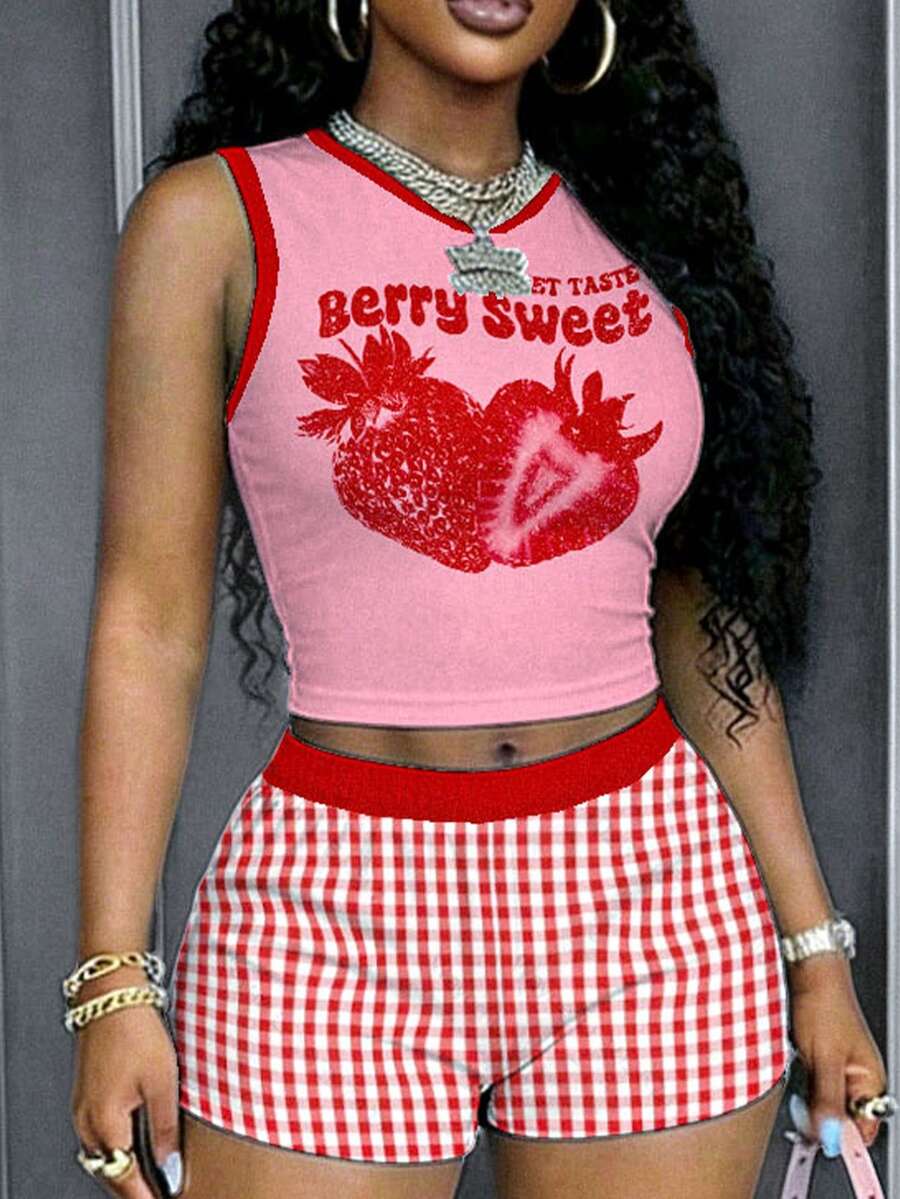 Slaydiva 春夏新款休闲街头风修身无袖圆领背心+迷你短裤两件套女装/适合约会/情人节/日常出行/休闲街头风/派对/聚会/婚礼季/度假/性感造型/机场穿搭/早午餐穿搭/Y2K风服装/街头服饰/外出穿搭/休闲街头风/适合运动/草莓+红白格纹印花女式背心上衣游艇装女式运动背心女式背心夏季动物园穿搭女式
