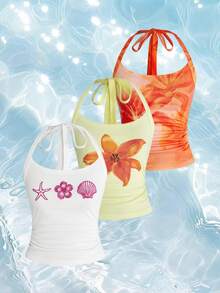 ROMWE Avant Women's Vacation Style All-Match Versatile Hibiscus & Shell Embroidered Print Halter Neck Camisole Set - Multicolor - View 15