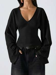 LYSMO Áo thun nữ tay loe màu đen trơn, chất liệu 95% cotton. - màu đen - Xem 6