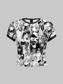 ROMWE Áo thun ngắn tay in hình hoạt hình dễ thương, phong cách cổ điển, retro, hình cô gái anime dành cho nữ. - màu đen - Xem 5