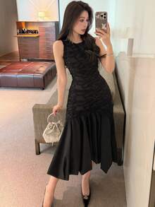 Dazy Tall 高个女式无袖纹理面料拼接连衣裙 - 黑色 - 查看 2