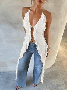 Aloruh Áo kiểu chiffon cổ yếm gợi cảm dành cho nữ - trắng - Xem 5