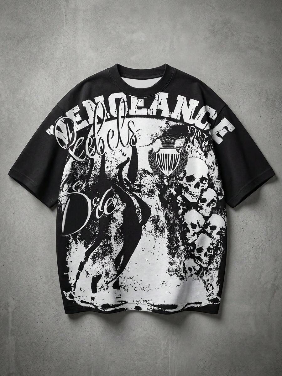 Manfinity EMRG 休闲圆领落肩短袖印花夏季百搭全印花T恤 - 彩色 - 查看 1