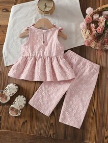 SHEIN Bộ đồ mùa hè dễ thương cho bé gái gồm áo sát nách hoa hồng và quần, trang trí nơ, phù hợp cho sinh nhật 2 tuổi, dã ngoại và du lịch - Hồng - Xem 2