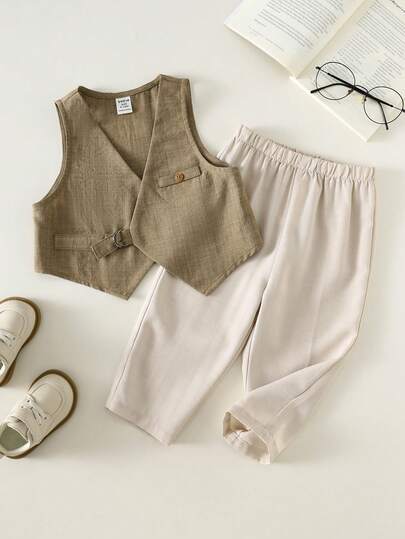 SHEIN Baby Boy Casual Gentleman Outfit Set, Khaki Vest And Trousers, Suitable For Birthday Party, Rave, Evening Party, Performance, Wedding, Baby Shower, Christening, 1st Birthday Celebration, Wedding Guest