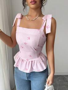 Elenzga Áo hai dây nữ mùa hè kiểu dáng thường ngày, kẻ sọc, nơ, buộc dây, xếp nếp. - Hồng - Xem 3