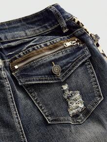 ROMWE Y2K Gyaru Shibuya Midriff Flashing Low Waist Leopard Print Patchwork Vintage Distressed Design Women Jeans - Dark Wash - View 4