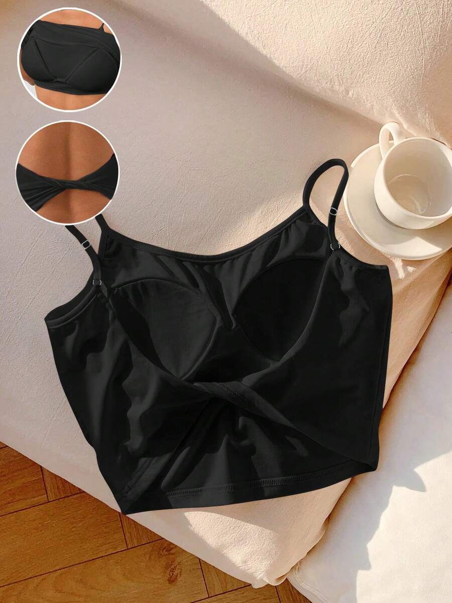 Comfortcana Plus Size White Women Tank Top With Padding, Twist Back Design, Spring/Summer - Black - View 1