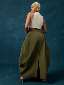 Vixey Váy maxi dáng phồng cạp cao màu ô liu - Màu xanh Ô liu - Xem 3