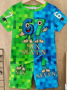 两件套幼儿男童休闲创意数字67及卡通图案马赛克印花短袖T恤和短裤，舒适日常穿着，适合春夏季节。 - 彩色 - 查看 7