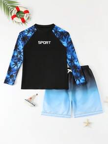 SHEIN 青少年男童泳装两件套：蓝黑渐变印花泳裤和长袖防晒泳衣，时尚休闲泳装，适合游泳、海滩和夏季度假。 - 彩色 - 查看 7