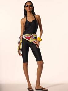 MUSERA 圆领褶皱露胸露背修身七分连体衣，配印花系带围巾细节，可爱春夏度假场合，伊比沙岛优雅柠檬水 - 黑色 - 查看 5