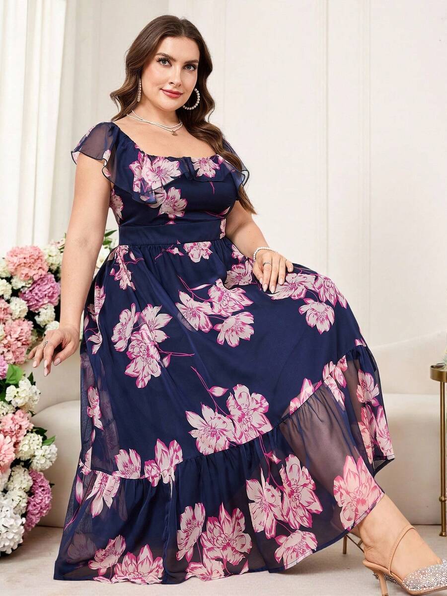 Reflora 大码女士优雅印花连衣裙，夏季婚礼宾客礼服