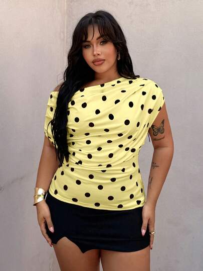 Rustia Plus Size Polka Dot Scoop Neck Sleeveless T-Shirt, Spring/Summer