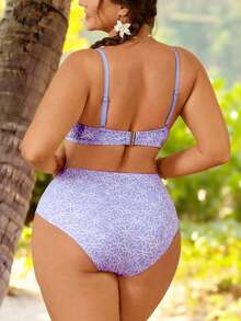 SHEIN Swim Mod Plus Size Women's Swimsuit, Sweet & Cute Beach Holiday, Yellow Textured Fabric With Underwire, 2 Pieces Set With Tie-Waist - Purple - View 2