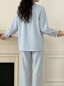 DAZY Soft Blue Cotton Pleated Ruffle Design Loose Women Pajama Set - Baby Blue - View 2