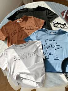 SHEIN 4pcs/Set Young Boys' Casual 3D Letter Print Short Sleeve T-Shirts,Versatile Comfortable Tees For Summer,School,Outings,Back-To-School Season - Multicolor - View 4