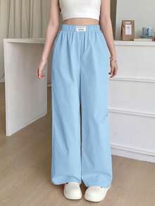 SHEIN بنطلون كاجوال وردي متعدد الاستخدامات مزين بشريط نسيجي ملصق نسيجي، مناسب للاستخرام المنزلي والأوقات الحرة - الأزرق - مشاهدة 6