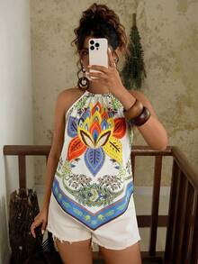 Travachic Plus Size Bohemian Casual Vacation Spring/Summer Tropical Beach Spaghetti Strap Sleeveless Loose Shoulder Strap Tank Top For Women - Multicolor - View 5