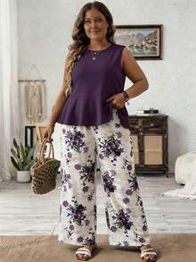 SHEIN LUNE Plus-Size Women's Summer Purple Solid Color Round Neck Ruffled Camisole And Floral Print Wide-Leg Loose Two Pieces Set - Purple - View 5