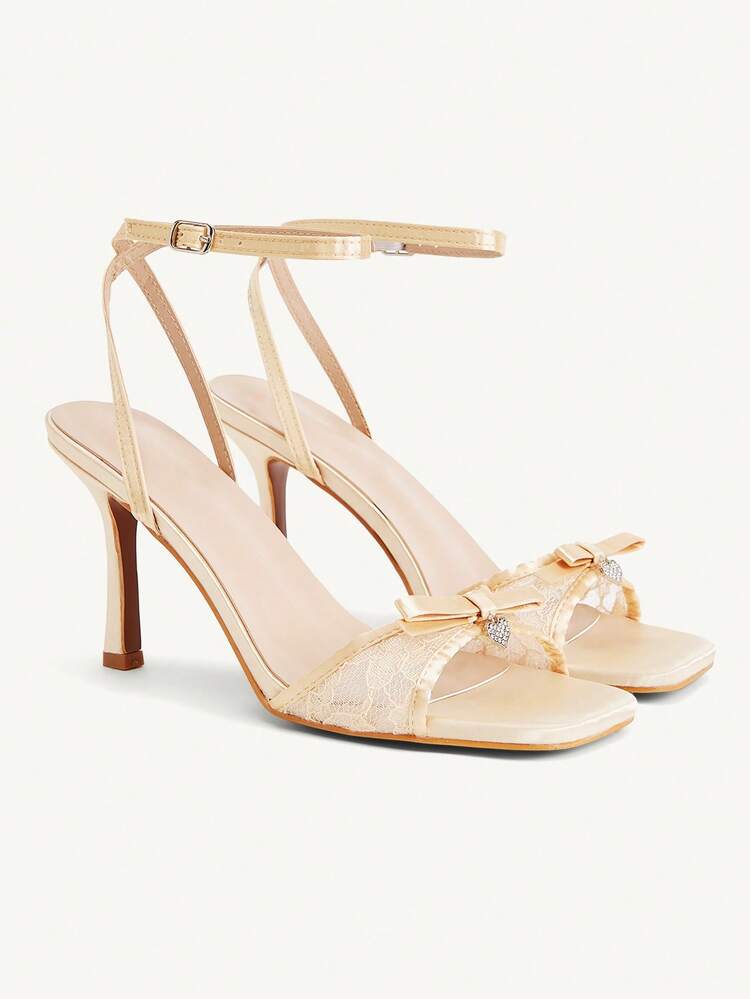CUCCOO CHICEST Champagne Satin Satin Women's Lace Mesh Splicing Bow Fashionable And Sexy Spring And Summer Ankle Strap Square Toe High Heel Sandals
