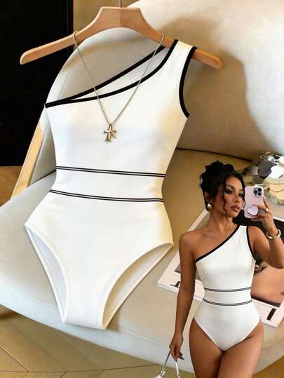 Resyla Mono minimalista de uso versátil para el día a día, vacaciones y viajes, con cuello oblicuo, bloqueo de color, empalme y decoración de cinta, para mujer