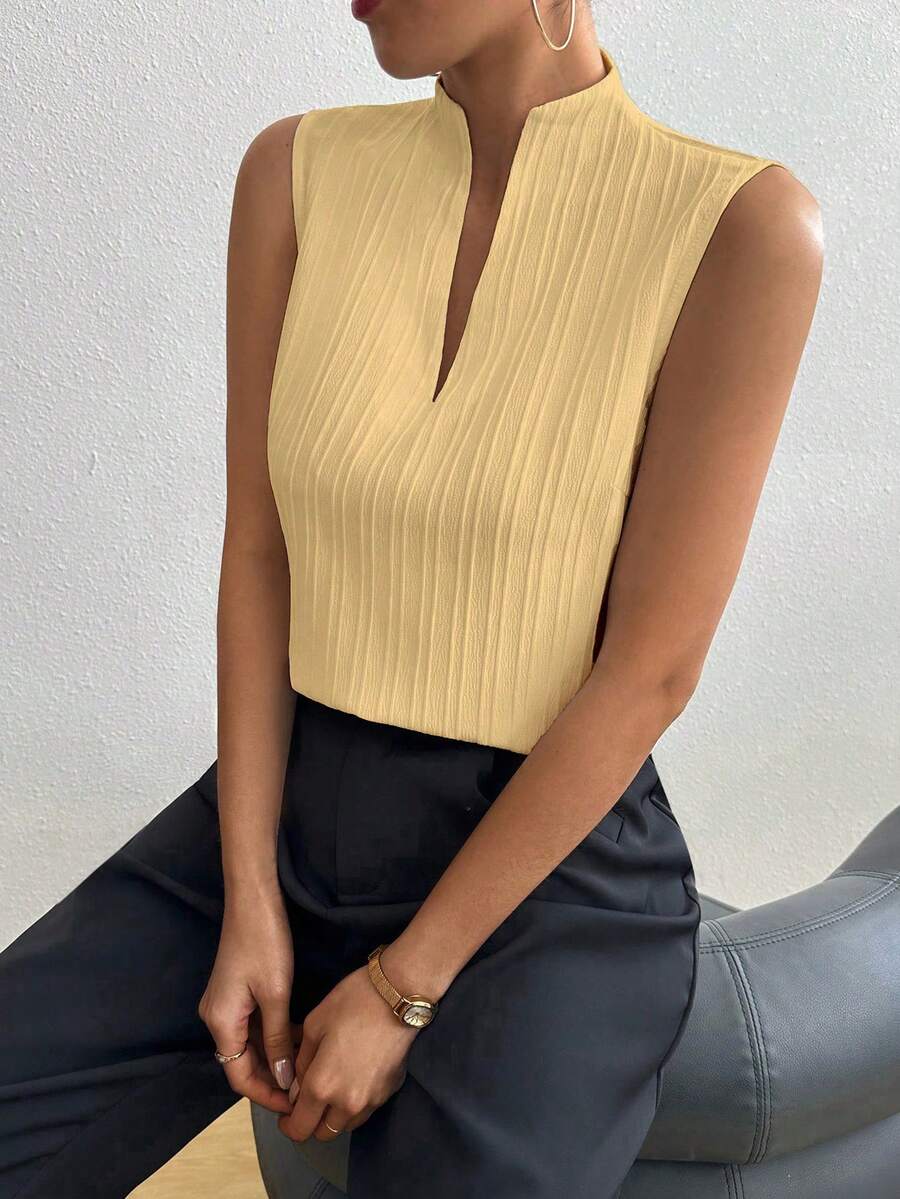 SHEIN 女士纯色翻领无袖休闲条纹衬衫 - 棕色 - 查看 1