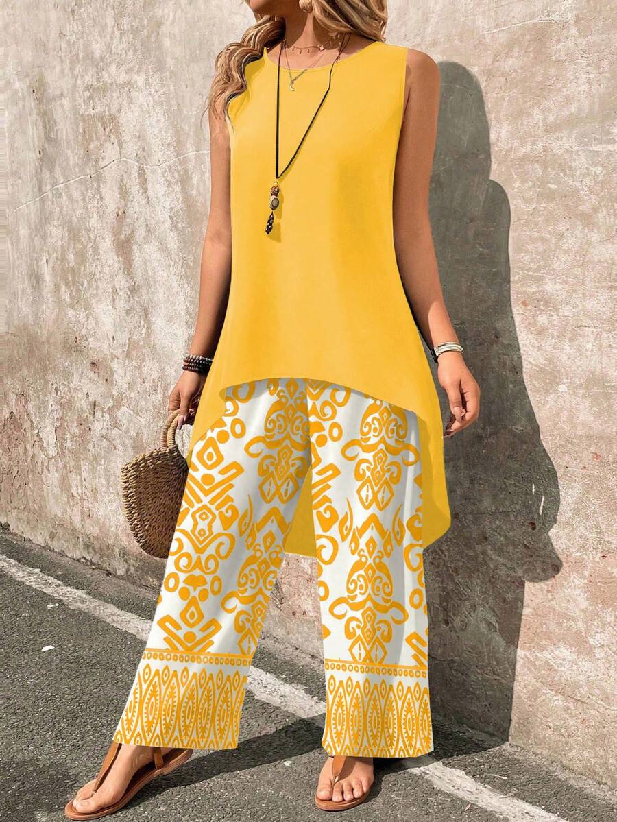 EMERY ROSE Set de 2 piezas con parte superior sin mangas de dobladillo alto-bajo de unicolor y pantalones de pierna ancha con estampado geométrico para mujer, ideal para vacaciones - Amarillo - Ver 1