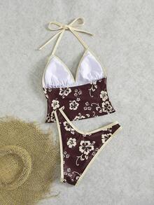 Bonvoyette New Spring/Summer Floral Print Halter Neck Bikini Set, Casual Beach Vacation Hawaiian Style - Multicolor - View 2