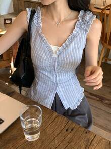 DAZY Women's Ruffled Striped Sleeveless Top, Fresh And Youthful For Summer Vacation Cruise For Women - Blue - View 11