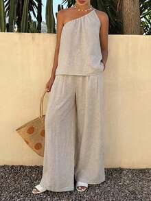 Livesso Bộ đồ thời trang xuân hè gồm áo crop top cổ lệch màu mơ và quần ống rộng suông, thích hợp cho công sở, đi nghỉ mát hoặc đi làm, thanh lịch dành cho nữ. - Màu be - Xem 4