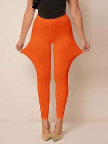 SHEIN PETITE CURVE 女士纯色弹力腰休闲打底裤 - 橘色 - 查看 4