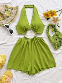 Soleia Lady's Green One-Piece Pants - Summer Casual Beach Resort Wear, Suitable For Evening Outings, Parties And Festive Occasions.No Chest Padding - Green - View 5