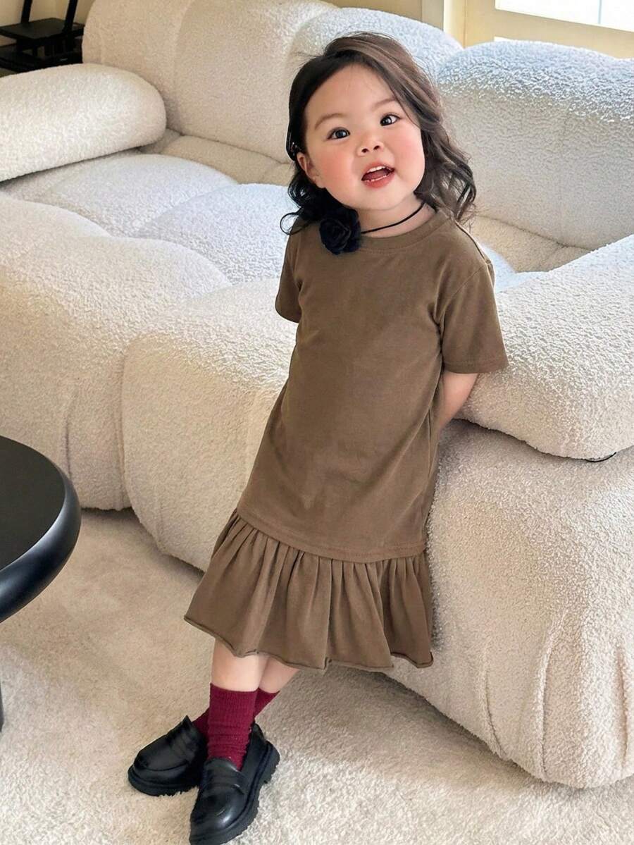 Dazy Kids 女嬰休閒圓領網布拼接中長洋裝 夏季女童太陽裙 - 咖啡棕 - 查看 1