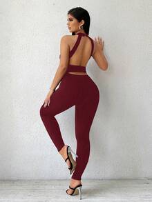 SHEIN SXY 女士交叉露背性感无袖黑色连体裤 - 酒紅色 - 查看 2