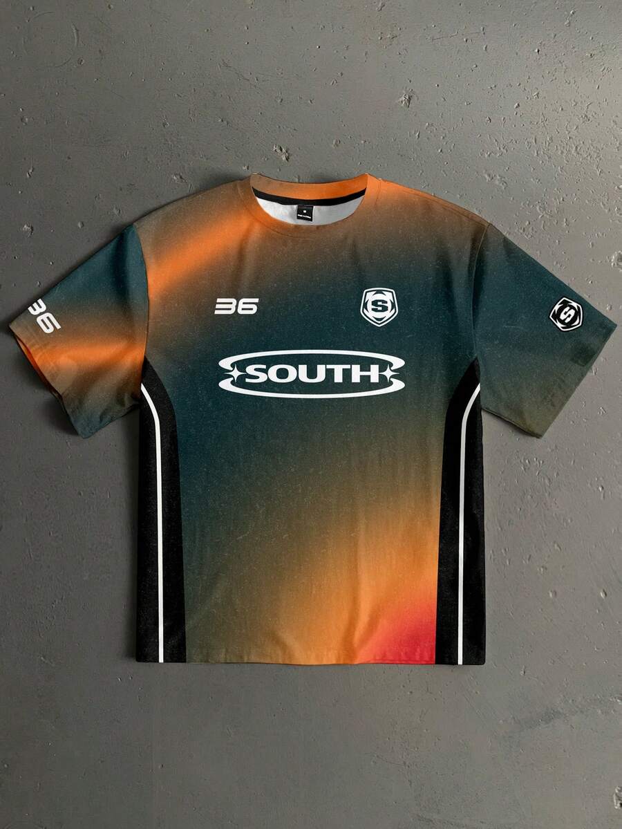 StoneGrade 复古美式学院风运动风时尚全印花宽松短袖T恤，男士必备，约会聚会必备，适合日常穿着，也可作为礼物送给男友 - 彩色 - 查看 1