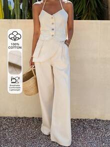 DAZY 女士纯棉V领吊带背心和休闲牛仔裤套装，适合度假、派对和夏季穿着 - 杏色 - 查看 1