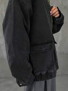 女式超大落肩长袖休闲牛仔夹克，适合春秋季节 - 黑色 - 查看 8