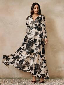 Đầm maxi nữ Anewsta thanh lịch in hoa, cổ chữ V, viền bèo nhún, xẻ tà, thích hợp cho mùa xuân/hè. - Màu be - Xem 6