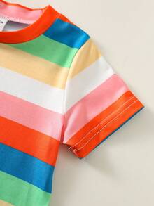 SHEIN 2pcs/Set Baby Boy Summer Casual Colorful Striped T-Shirt And Blue Denim Shorts Set - Multicolor - View 12