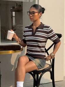 Muchica Women's Striped Casual Versatile Daily Wear Knit Short Sleeve Top Trending Outfit Search Popular Outfit Teacher Polo Tops For Women Office Polo Blouse For Women Casual - Multicolor - View 3