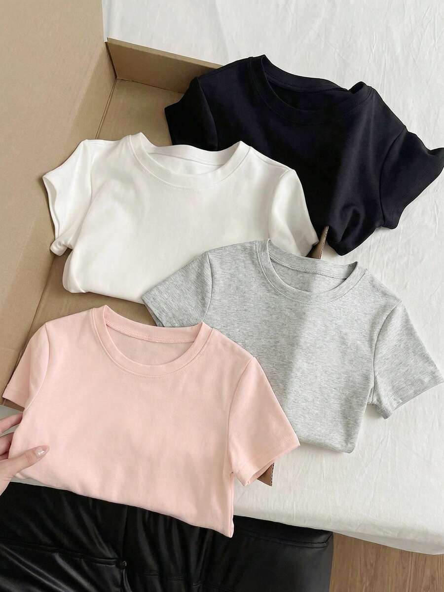 Tween Girls' Solid Color Round Neck Short Sleeve Casual Versatile T-Shirt - Multicolor - View 1