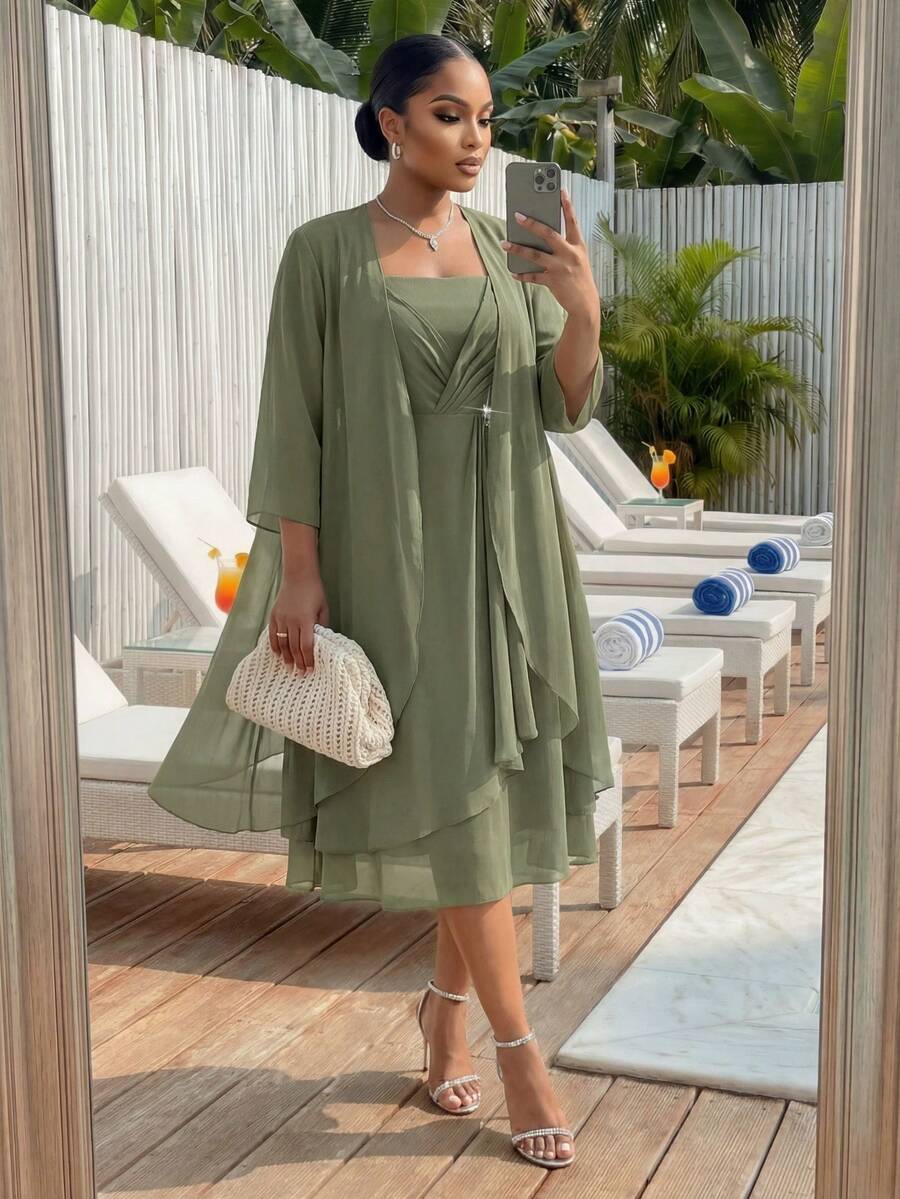 SHEIN Lady CURVE Plus Size Women's Solid Color 3/4 Sleeve Open Front Jacket And Rhinestone Decor Pleated Thick Strap Dress Elegant Set - Olive Green - View 1