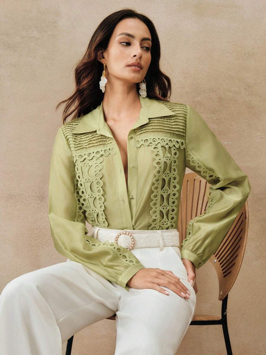 Anewsta High-Quality Fashion French Elegant Pleated Patchwork Embroidered Blouse, Niche Design Lantern Sleeve Turndown Collar Top, Versatile For Work And Vacation - Green - View 1